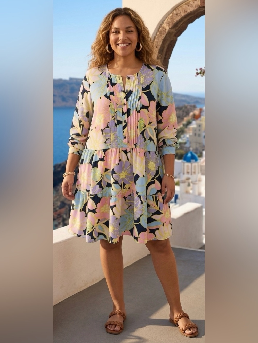 Floral Pastel Tiered Women’s Dress - Pink/Blue
